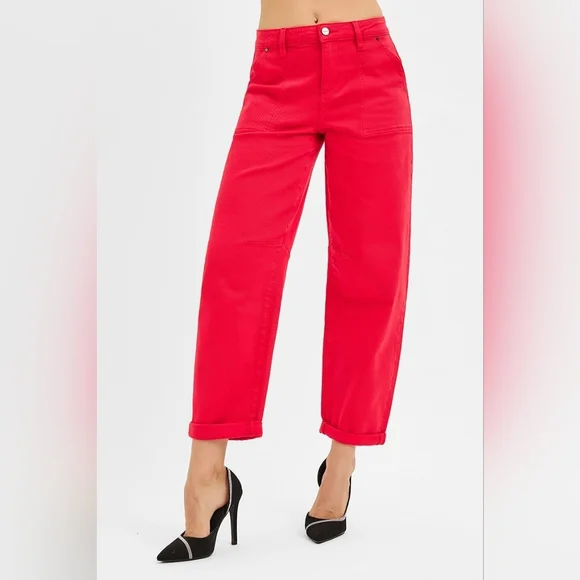 Risen High Rise Ankle Cuffed Barrel Jeans Scarlet Red Stretch Various NEW Ankle & Cropped
